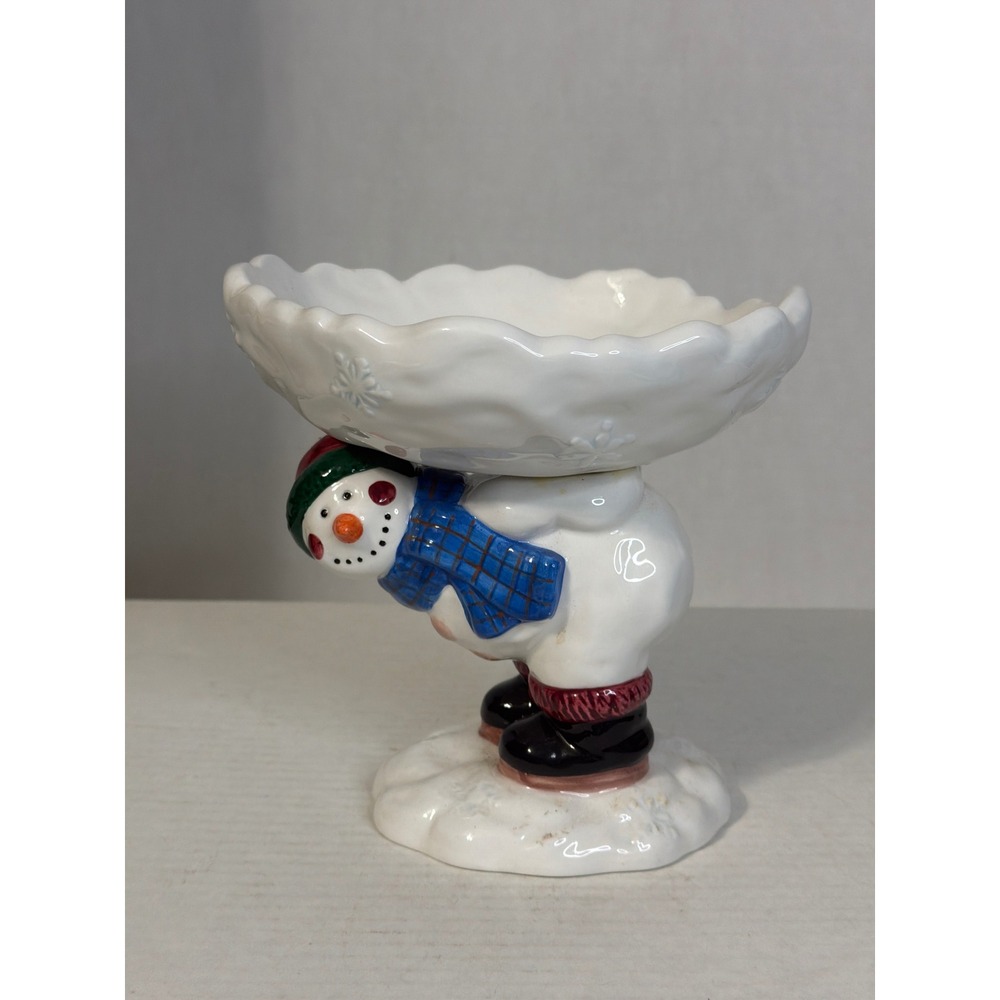 Ceramic Snowman Candy Dish Scalloped Snowflake Bowl Christmas Holiday Decor